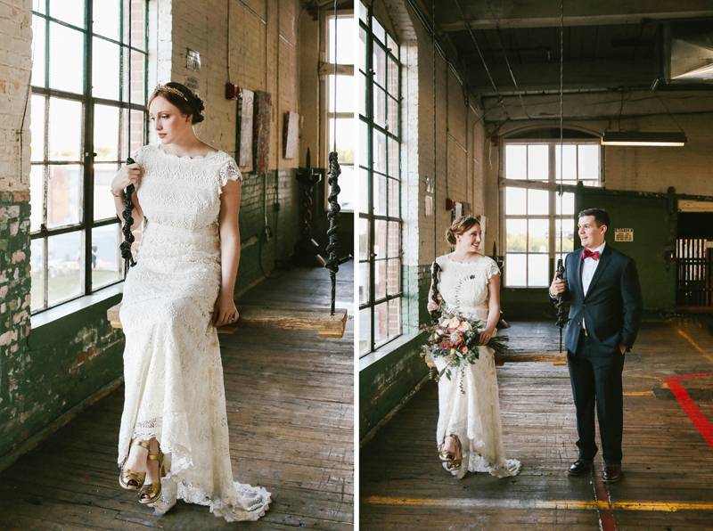 lowe mill wedding, bride on a swing in a warehouse