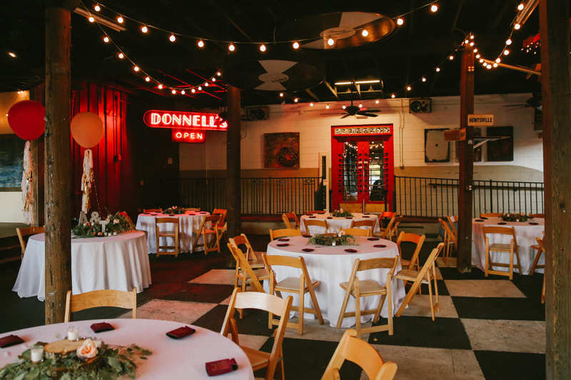 neon sign wedding decor, eclectic lumberyard wedding