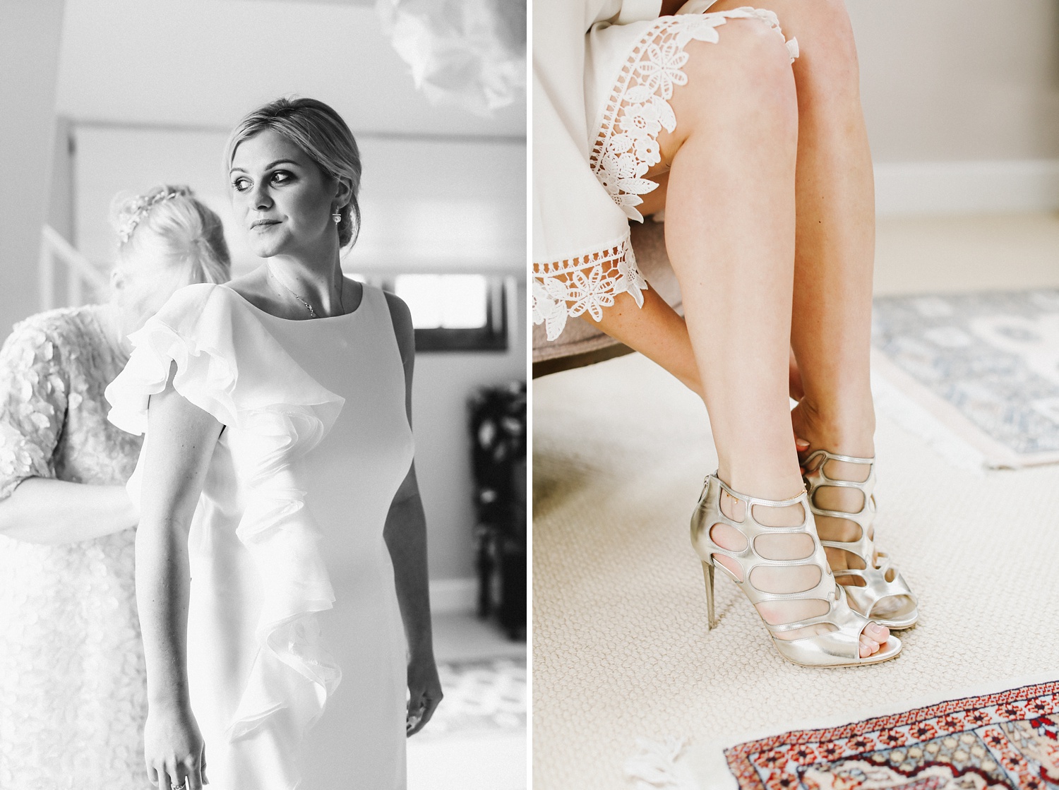 Rime Arodaky one-sided ruffle Otis bridal gown and silver metallic stilettos 