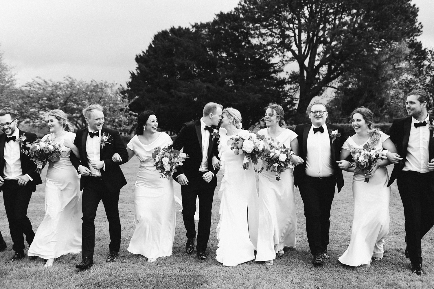 classic bridal party at tithe barn wedding hampshire england