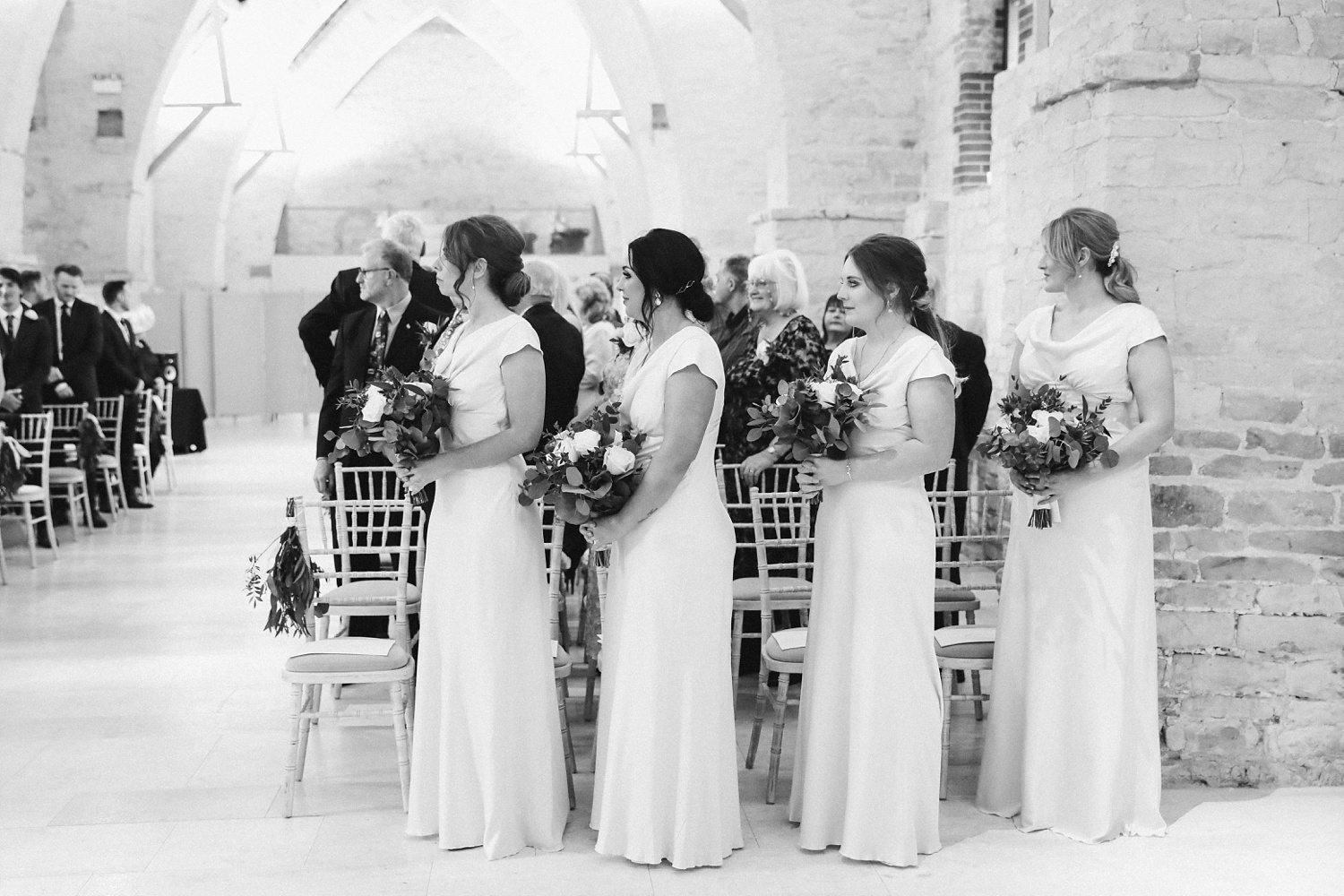bridesmaids at tithe barn wedding hampshire england